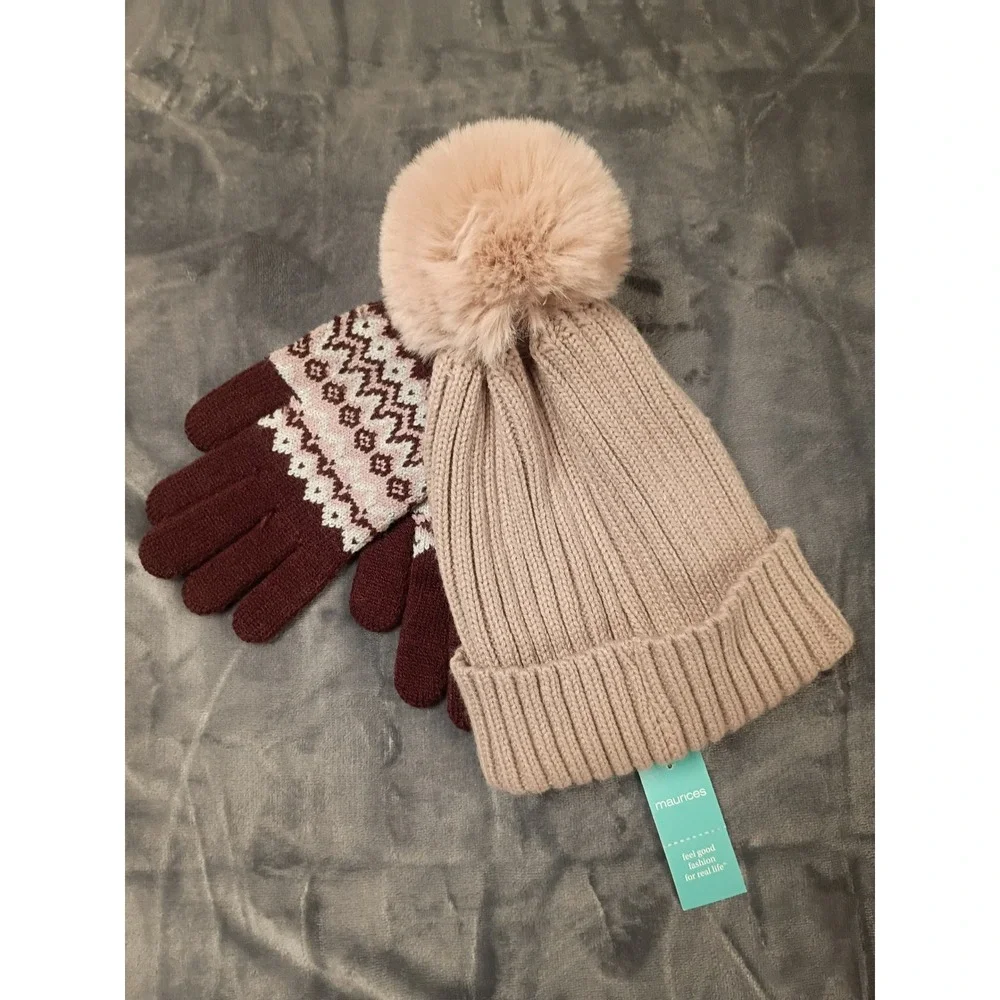 New Maurices Beanie and Gloves Set Women One Size Tan Burgundy Fair Isle Winter